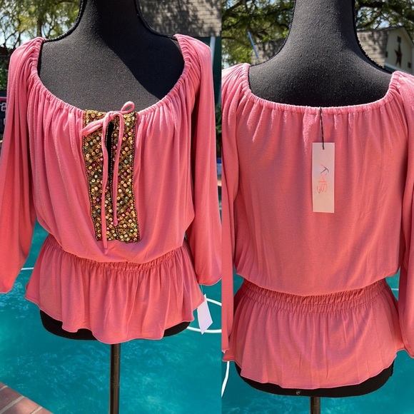 New!! Fall BoHo Sky Embellished Elastic Waist Peasant Top Salmon Pink Size M - Picture 1 of 10